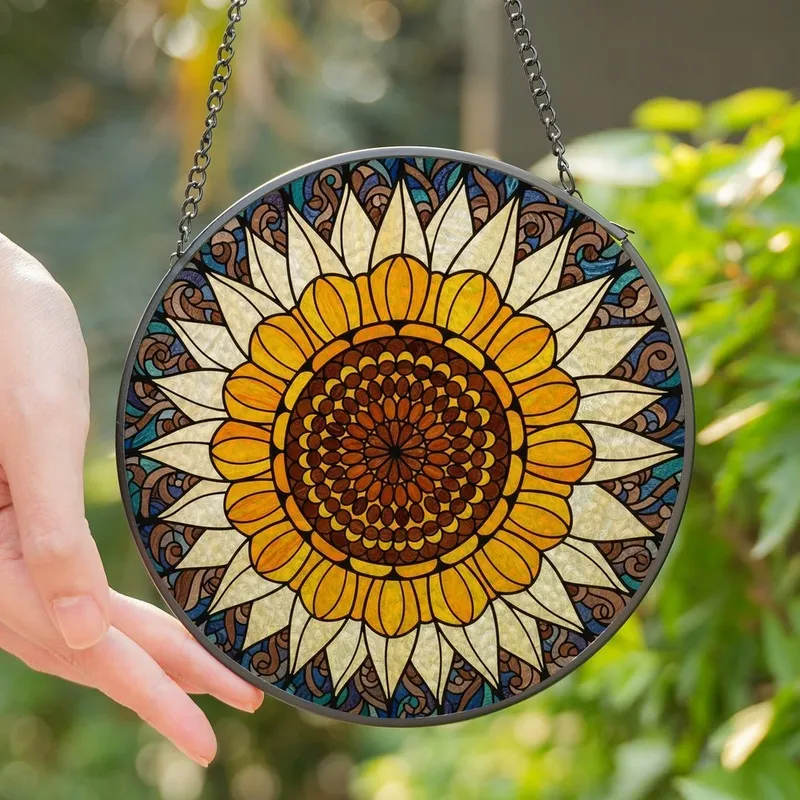 Nature Lovers' Detailed Stained Glass Radiant Sunflower Mosaic Golden Orange Amber Hues Stained Glass Suncatcher - 1
