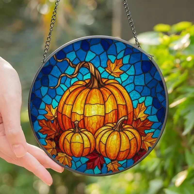 Autumn Lovers' Highly Detailed Stained Glass Tiffany Style Plump Pumpkin & Autumn Leaves with Blue Teal Mosaic Stained Glass Suncatcher - 1