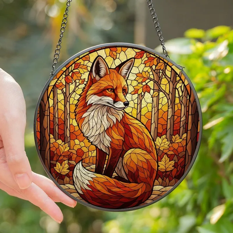 Nature & Art Lovers' Tiffany Stained Glass Fox Autumnal Forest Jewel Tone Pattern Stained Glass Suncatcher - 1