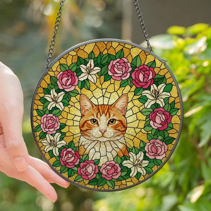 Cat Lovers' Jewel-Toned Stained Glass Ginger Tabby Cat, Pink Roses & Lilies Floral Mosaic Art Stained Glass Suncatcher - 1