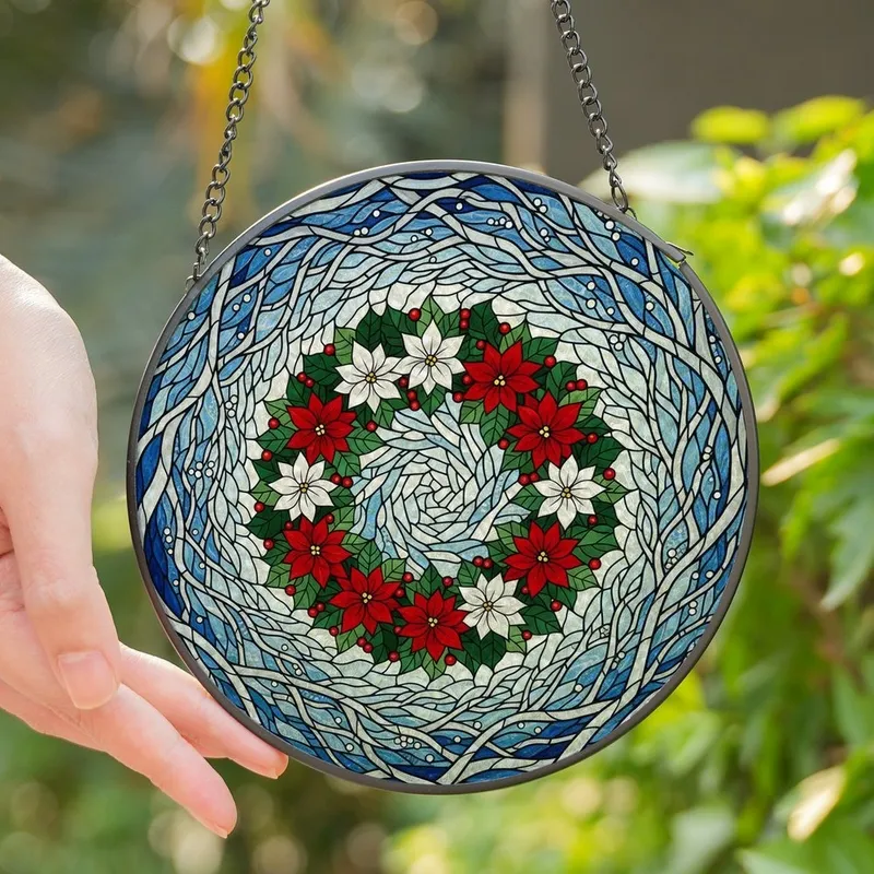 Holiday Art Lovers' Tiffany Stained Glass Christmas Wreath Poinsettia Winter Mosaic Stained Glass Suncatcher - EpqAcklYGl