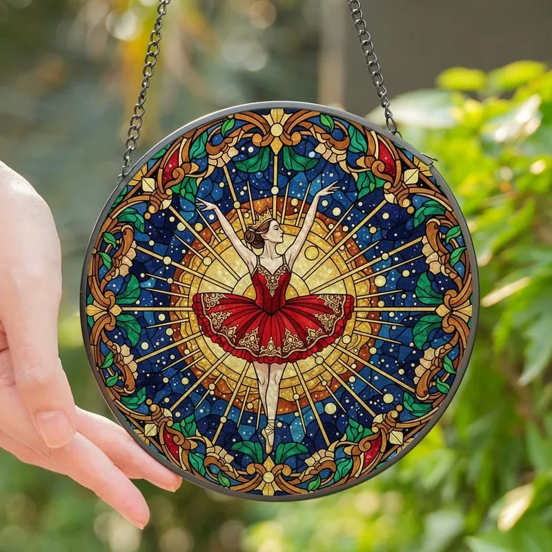 Women's Tiffany Style Ballerina Celestial Stained Glass Art, Red Blue Green Gold Amber Jewel Tones Stained Glass Suncatcher - 1