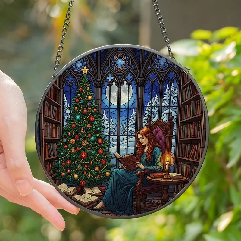 Book Lovers' Intricate Tiffany Stained Glass Gothic Library Winter Reading Scene Jewel Tones Stained Glass Suncatcher - v_1nB1ZCGn