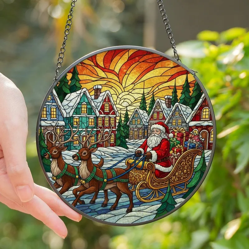 Christmas Lovers' Stained Glass Tiffany Style Santa Sleigh Reindeer Christmas Village Mosaic Red Green Yellow Orange Stained Glass Suncatcher - 1
