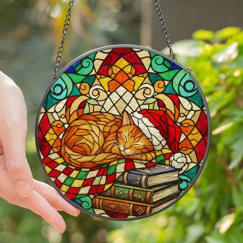 Cat Lovers' Tiffany Style Sleeping Tabby Christmas Mosaic Jewel Tones Pattern Stained Glass Suncatcher - 1