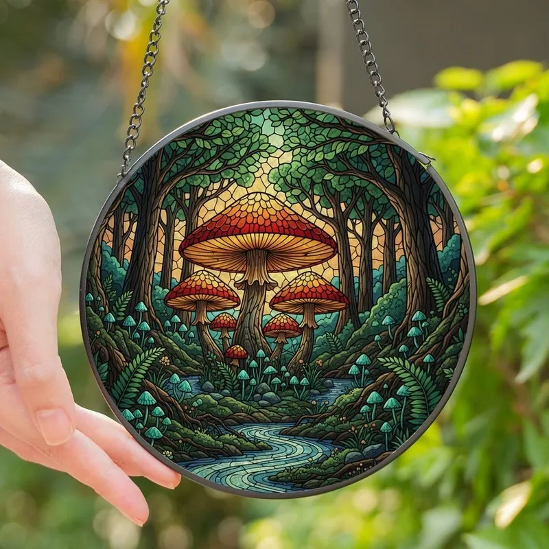 Fantasy Art Lovers' Intricate Tiffany Stained Glass Mushroom Forest Emerald Teal Orange Blue Mosaic Stained Glass Suncatcher - 1