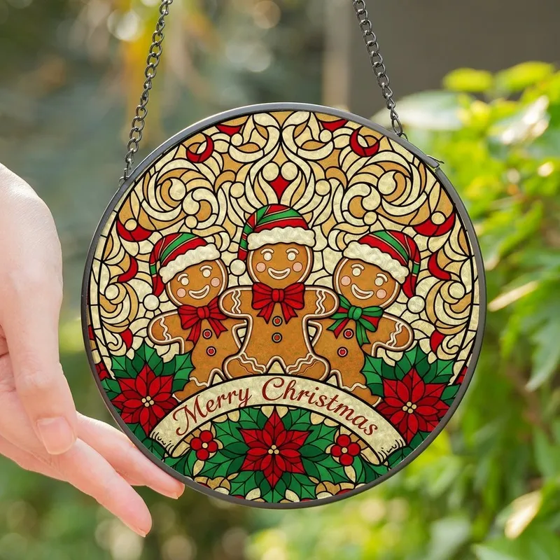 Holiday Lovers' Intricate Stained Glass Gingerbread Christmas Mosaic Ruby Red Emerald Green Golden Amber Pattern Stained Glass Suncatcher - 1