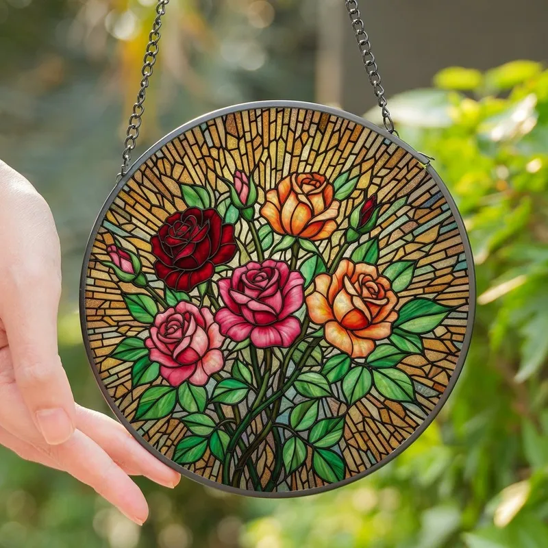 Floral Art Lovers' Intricate Red Pink Rose Tiffany Stained Glass Mosaic Design Stained Glass Suncatcher - 1