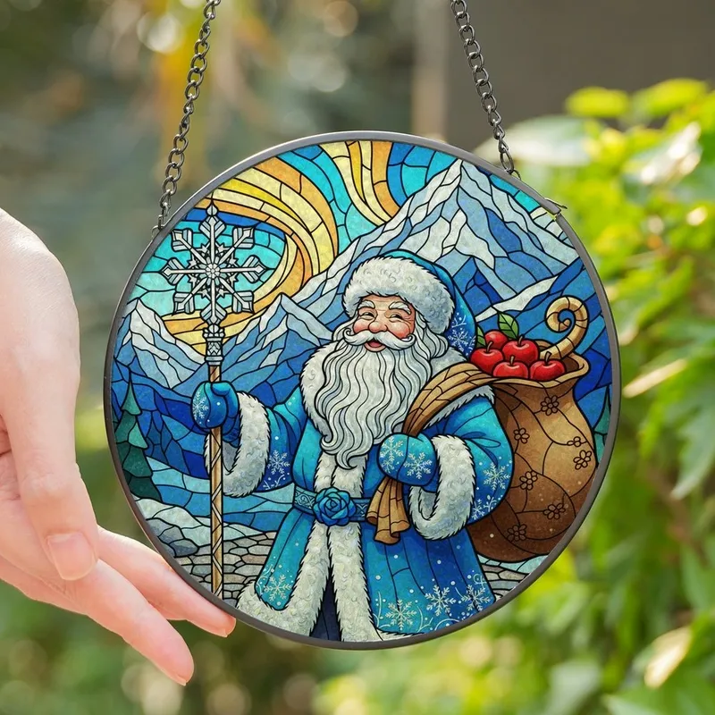 Holiday Art Enthusiasts' Tiffany Style Stained Glass Santa Snowy Mountain Aurora Mosaic Stained Glass Suncatcher - cvoWUA6ZuS
