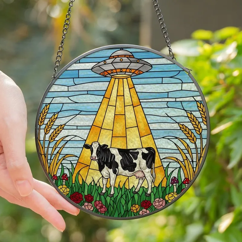 Nature & Sci-Fi Art Lovers' Stained Glass Holstein Cow UFO Abduction Vivid Tiffany Style Mosaic Stained Glass Suncatcher - 1