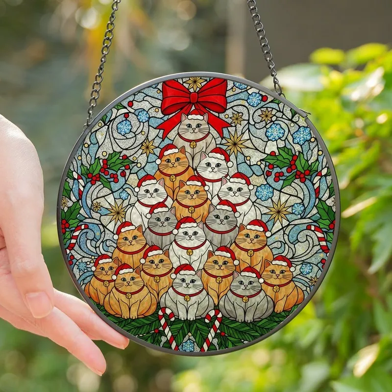 Cat Lovers' Intricate Stained Glass Christmas Tree of Fluffy Cats, Jewel Tone Red Green Festive Mosaic Stained Glass Suncatcher - 1