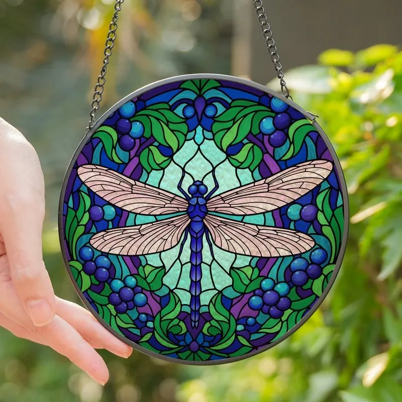 Nature Art Lovers' Majestic Tiffany Stained Glass Dragonfly Jewel Tone Blue Purple Pink Aqua Green Leaf Berry Mosaic Stained Glass Suncatcher - 1