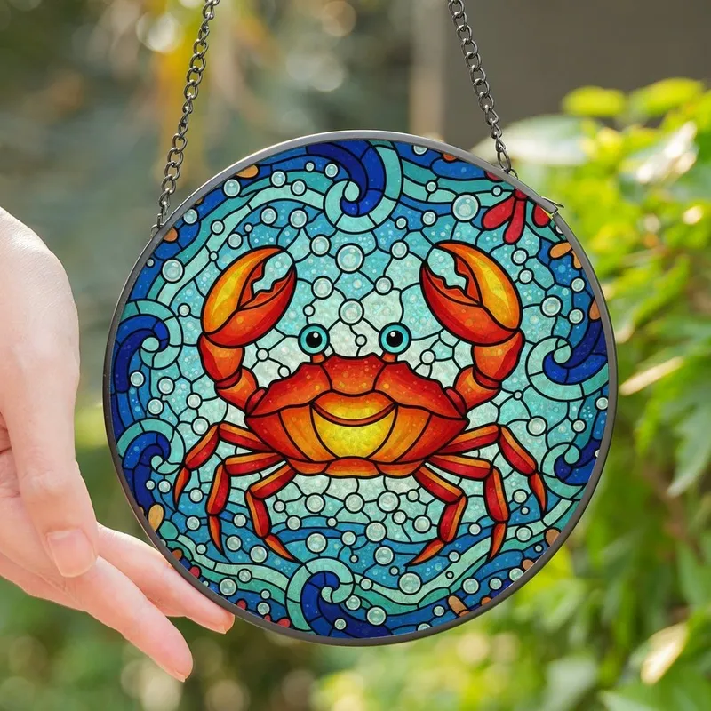 Ocean Lovers' Intricate Stained Glass Happy Crab Glowing Orange Red Yellow Aqua Blue Underwater Mosaic Stained Glass Suncatcher - 1