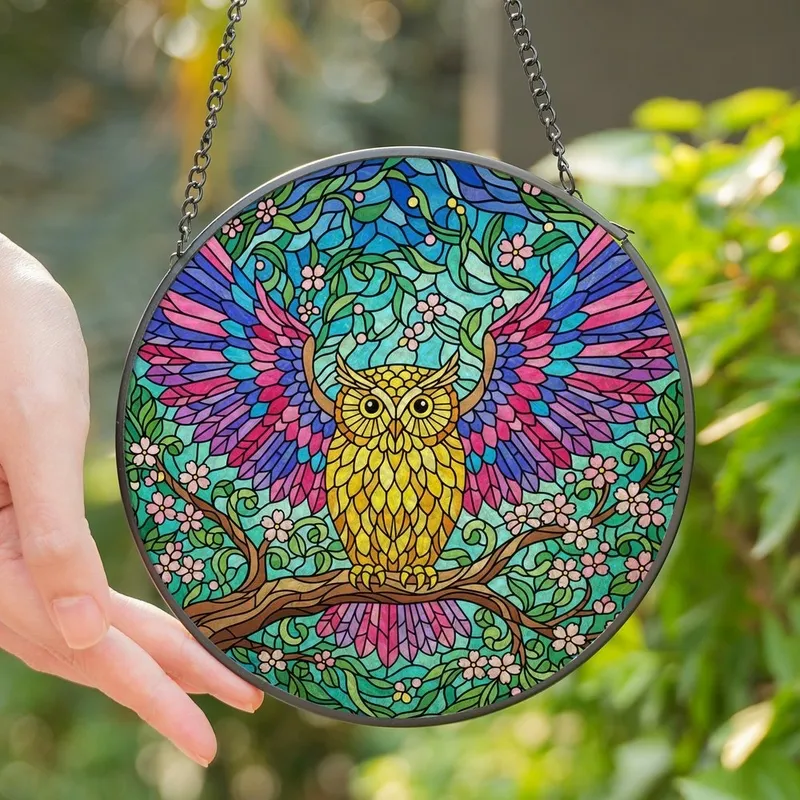 Nature Art Enthusiasts' Glowing Tiffany Style Owl Mosaic with Pink Blossoms & Emerald Foliage Stained Glass Suncatcher - 1