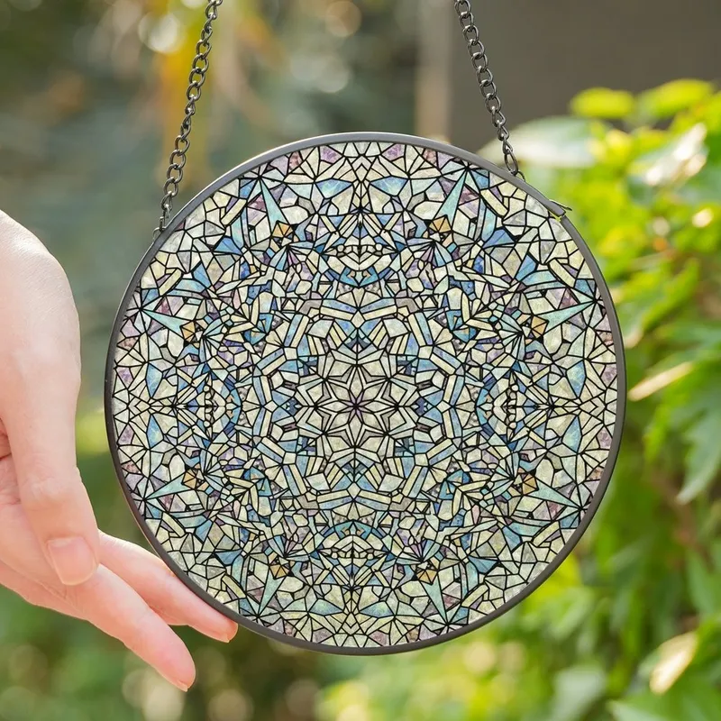 Art & Design Aficionados' Tiffany Style Stained Glass Snowflake Mosaic, Iridescent Blue Gold Pink Violet Jewel Tones Stained Glass Suncatcher - 1