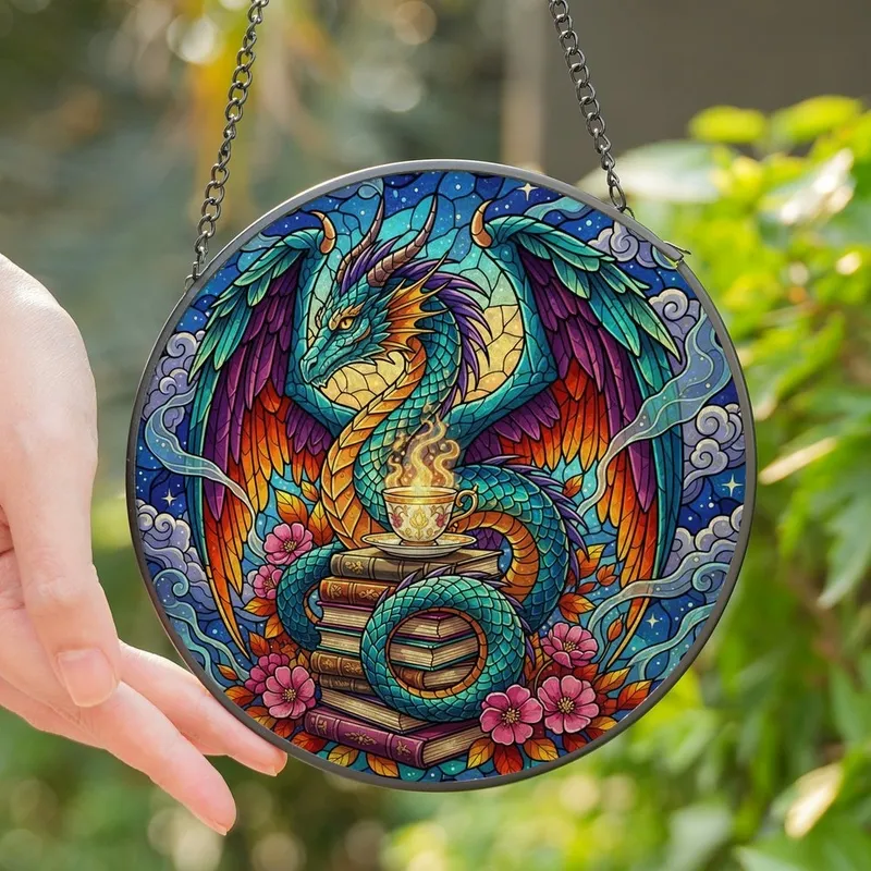 Fantasy Art Lovers' Majestic Stained Glass Dragon Books Teacup Cosmic Teal Orange Magenta Stained Glass Suncatcher - 1