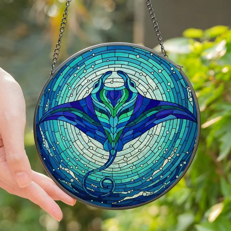 Ocean Lovers' Majestic Blue Green Stingray Tiffany Stained Glass Ocean Mosaic with Intricate Patterns Stained Glass Suncatcher - 1