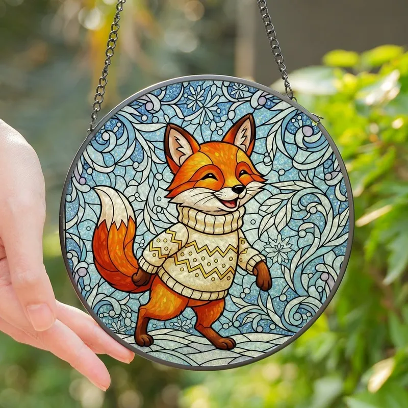 Nature Lovers' Vibrant Orange Fox Stained Glass Tiffany Style Frosty Winter Snowflakes Mosaic Stained Glass Suncatcher - 1