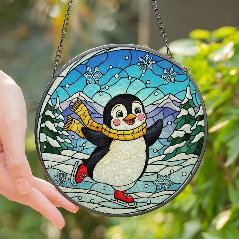 Winter Enthusiasts' Tiffany Style Stained Glass Penguin Yellow Scarf Red Skates Winter Wonderland Mosaic Stained Glass Suncatcher - nc8WEssS6V