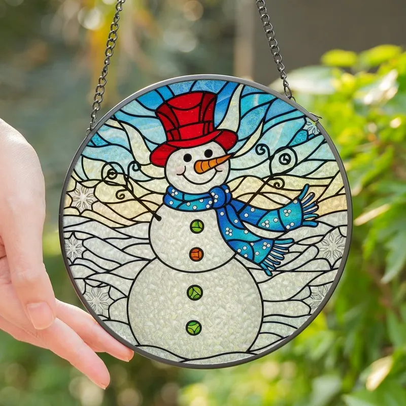Winter Art Enthusiasts' Vibrant Tiffany Style Snowman Winter Landscape Mosaic Jewel Tone Design Stained Glass Suncatcher - 1