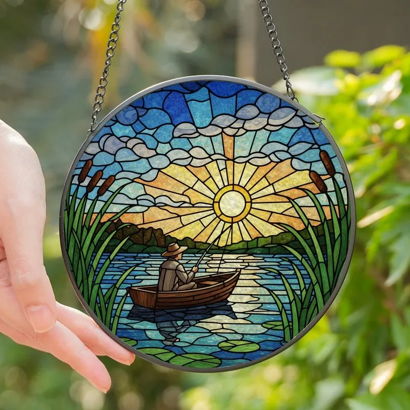 Nature Art Enthusiasts Vibrant Jewel Tone Stained Glass Fisherman Mosaic Stained Glass Suncatcher - VQIS6LUQd6