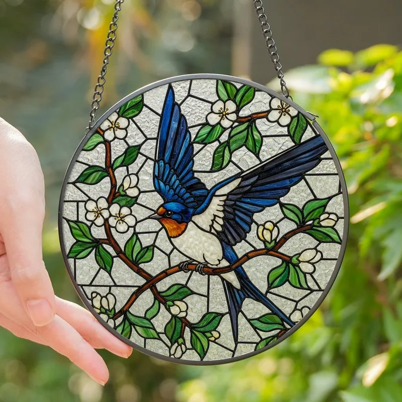 Art Lovers' Glowing Tiffany Stained Glass Barn Swallow Floral Mosaic Pattern Stained Glass Suncatcher - 1