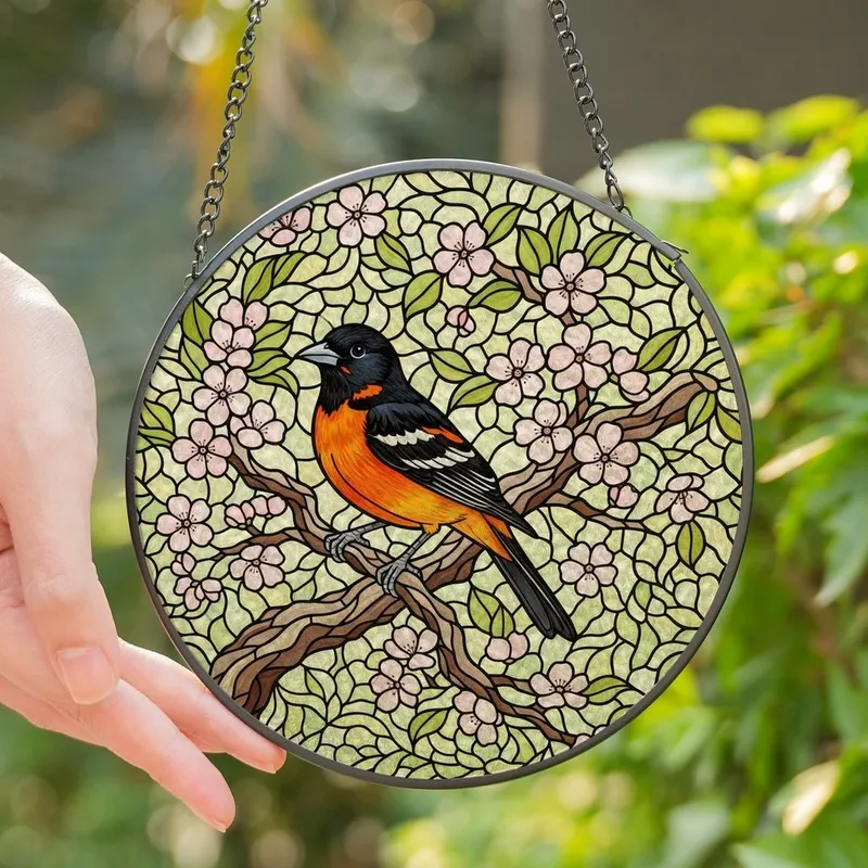 Bird Lovers' Edge-to-Edge Stained Glass Baltimore Oriole, Bright Orange & Pink Cherry Blossom Mosaic Stained Glass Suncatcher - 1