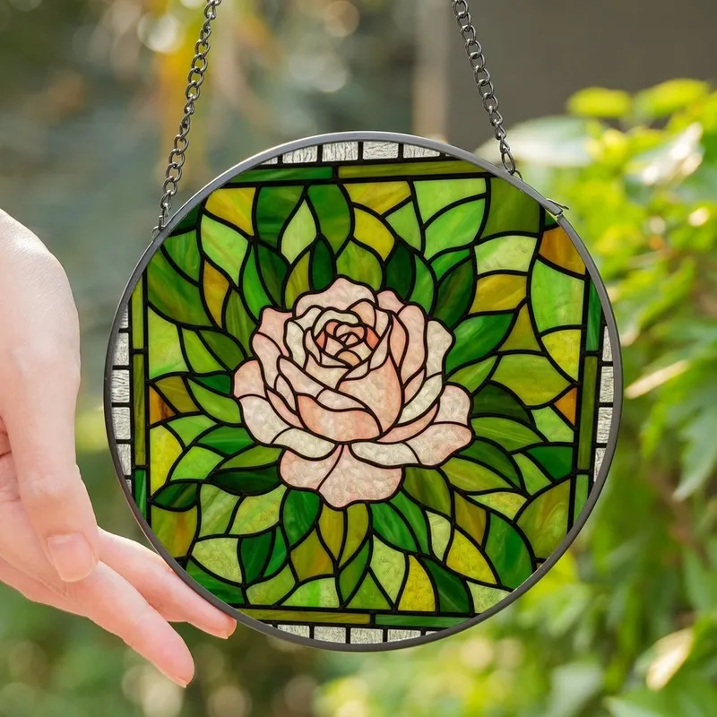 Floral Art Lovers' Tiffany Style Stained Glass Peony Rose Vibrant Jewel Tones Intricate Mosaic Stained Glass Suncatcher - KXSo7Ra4cs