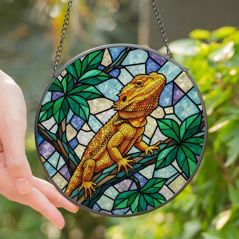 Reptile Enthusiast's Tiffany Stained Glass Bearded Dragon Vibrant Jewel Tone Mosaic Geometric Stained Glass Suncatcher - sQ8X83VM05