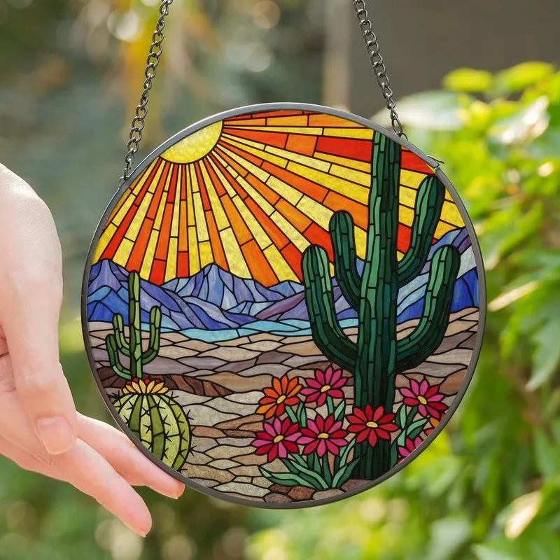 Desert Lovers' Tiffany Style Stained Glass Saguaro & Barrel Cactus Landscape Jewel Tone Mosaic Stained Glass Suncatcher - VoroxnFZK3