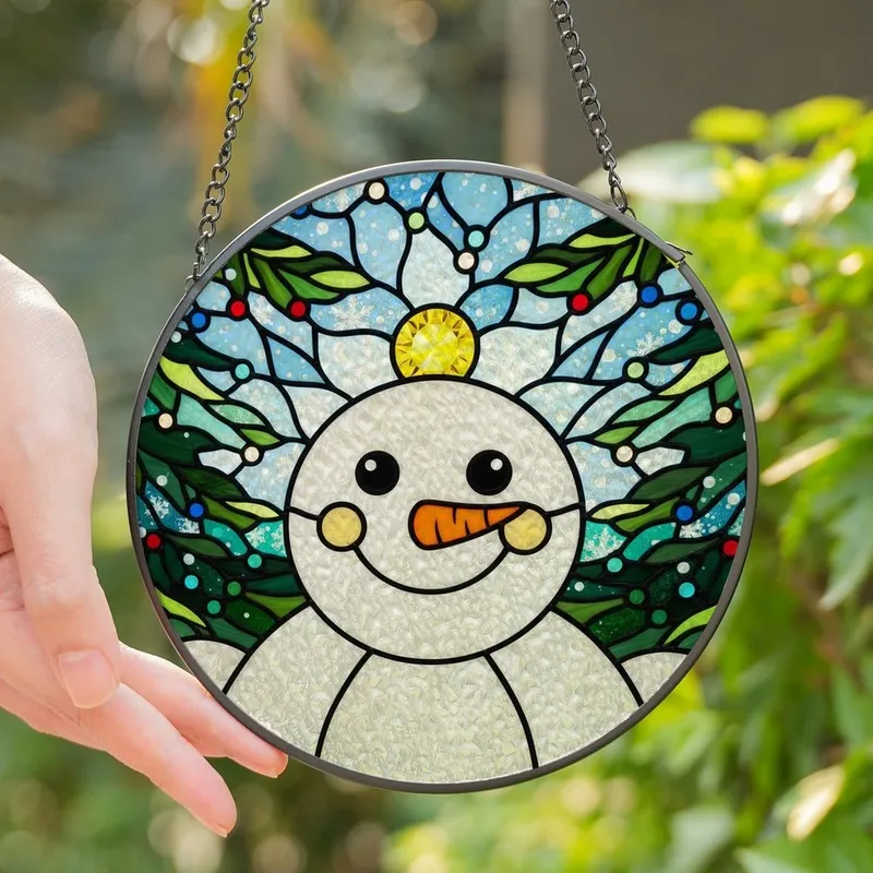 Holiday Decor Lovers' Cheerful Snowman Stained Glass Mosaic Bright White Yellow Orange Festive Winter Scene Stained Glass Suncatcher - 4ffpysm7ij