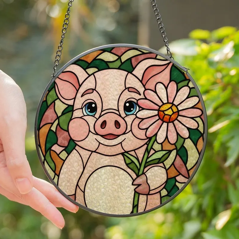 Whimsical Pig Lovers Tiffany Style Stained Glass Pig & Daisy Flower Jewel Tone Mosaic Stained Glass Suncatcher - 1