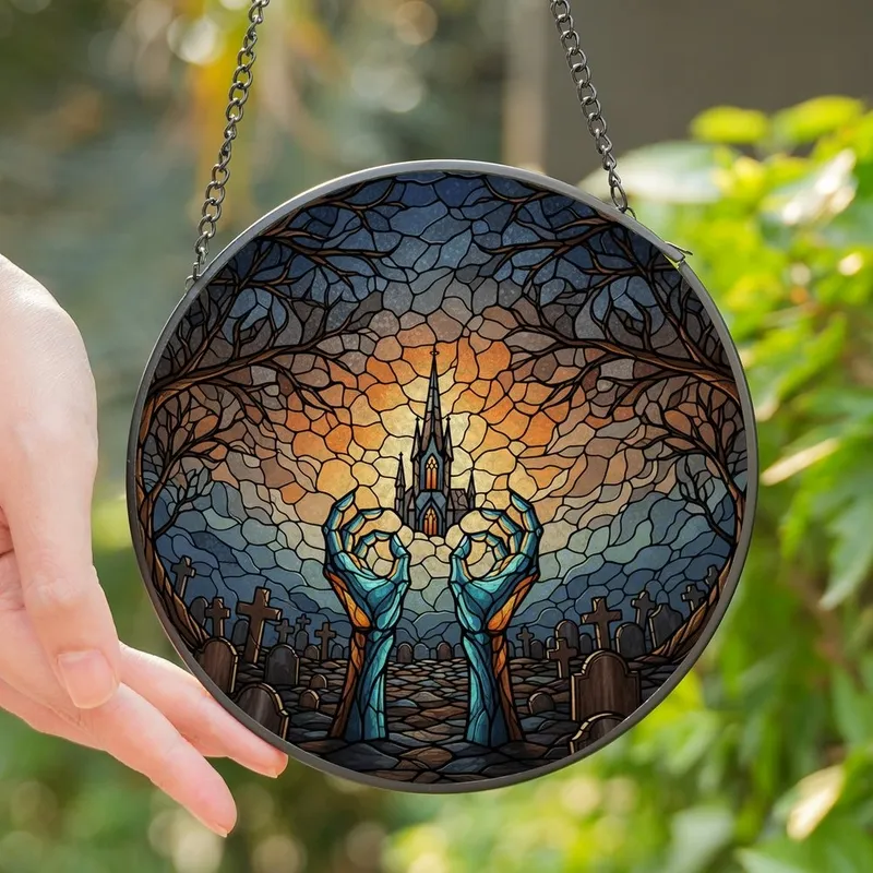 Gothic Art Admirers' Vibrant Tiffany Stained Glass Skeletal Hands Graveyard Spire Blue Orange Jewel Tones Stained Glass Suncatcher - 1