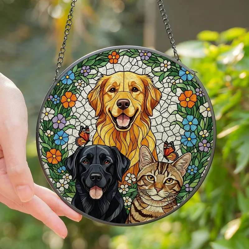 Pet Lovers' Vibrant Stained Glass Trio: Golden Retriever, Black Labrador, Tabby Cat, Botanical Wreath, Jewel Tones Mosaic Stained Glass Suncatcher - 1
