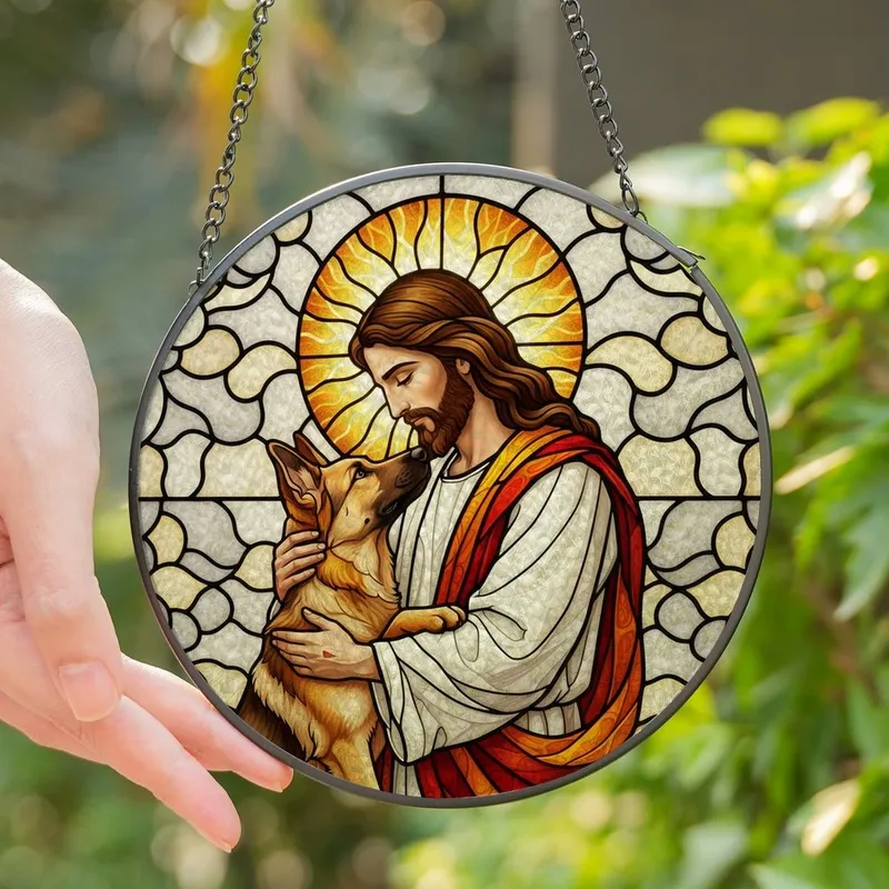 Faithful Pet Parents' Tiffany Stained Glass Jesus German Shepherd Embrace Golden Red Mosaic Stained Glass Suncatcher - PuYWFfYQ_X