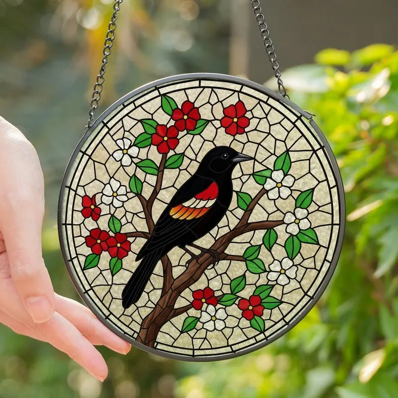 Nature Lovers' Vibrant Tiffany Stained Glass Red-Winged Blackbird Floral Mosaic Stained Glass Suncatcher - z2d_CYomUD