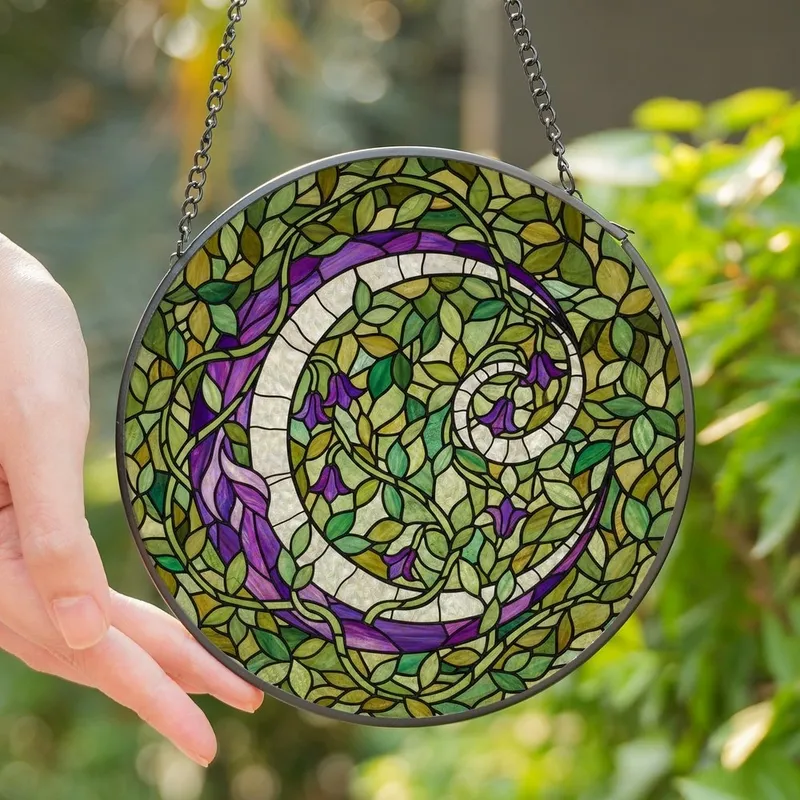 Women's Vibrant Amethyst Violet Green Tiffany Style Stained Glass Crescent Moon Botanical Vines Stained Glass Suncatcher - 1