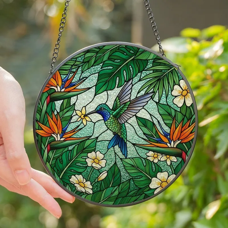 Nature Lovers' Tiffany Style Stained Glass Hummingbird Emerald Blue Orange Mosaic Stained Glass Suncatcher - 1