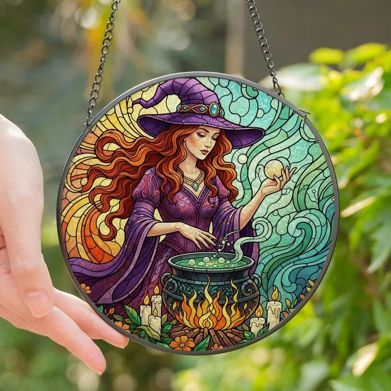 Fantasy Art Lovers' Tiffany Style Witch Ritual Purple Gown Auburn Hair Fiery Cauldron Jewel Tone Mystical Mosaic Stained Glass Suncatcher - 1
