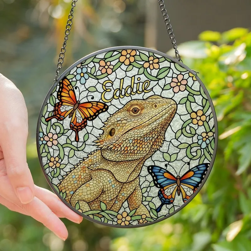Bearded Dragon Lovers' Tiffany Stained Glass Eddie Floral Wreath Butterfly Mosaic Art Beige Green Blue Orange Pink Stained Glass Suncatcher - 1