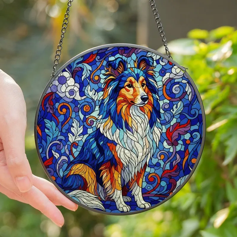 Shetland Sheepdog Lovers' Vibrant Tiffany Style Stained Glass Sheltie Art Multi-Tone Jewel Tone Mosaic Stained Glass Suncatcher - _fvDhx8ica