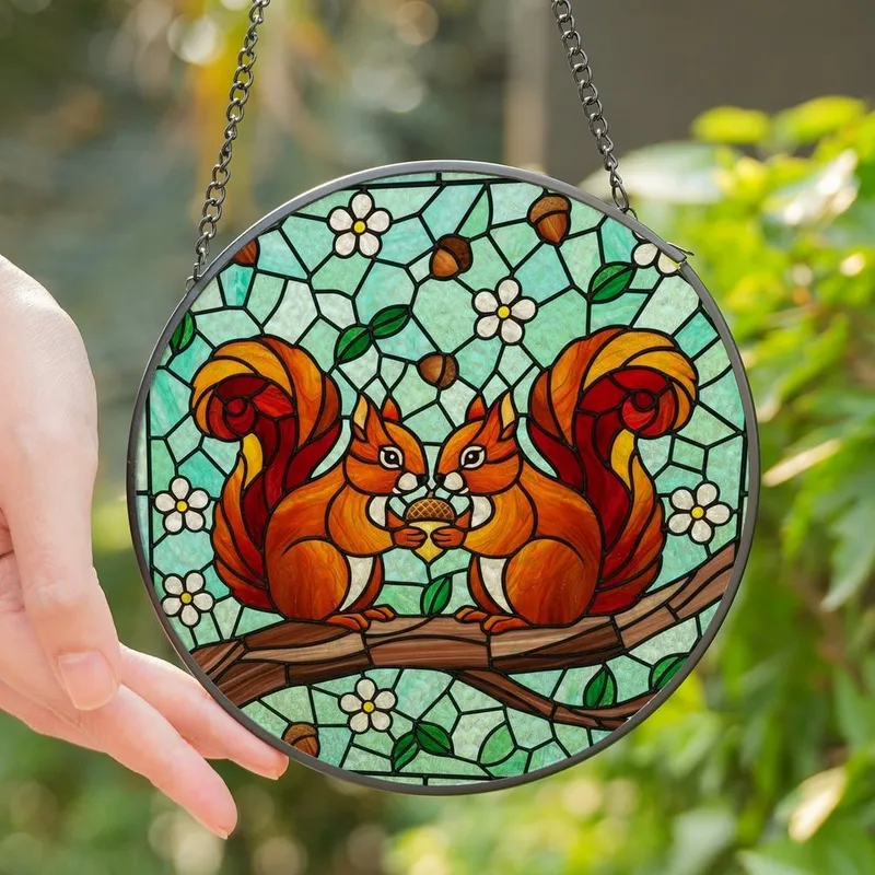 Nature Enthusiasts' Intricate Stained Glass Squirrels Acorn Woodland Mosaic, Tiffany Style Jewel Tones Orange Red Aqua Green Stained Glass Suncatcher - 1