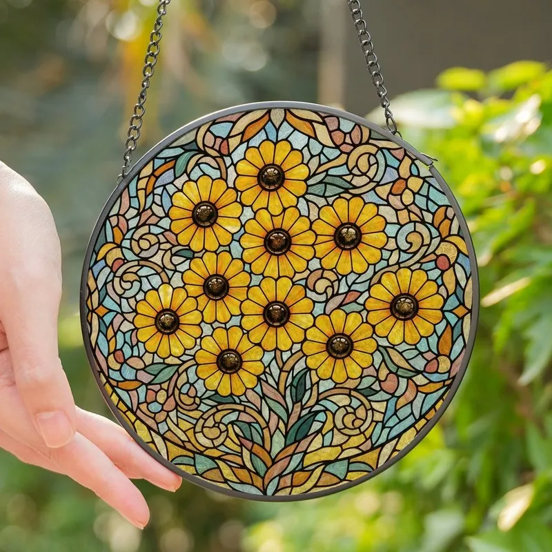 Art Lovers' Vibrant Tiffany Stained Glass Floral Mosaic Golden Amber Teal Bloom Stained Glass Suncatcher - 1