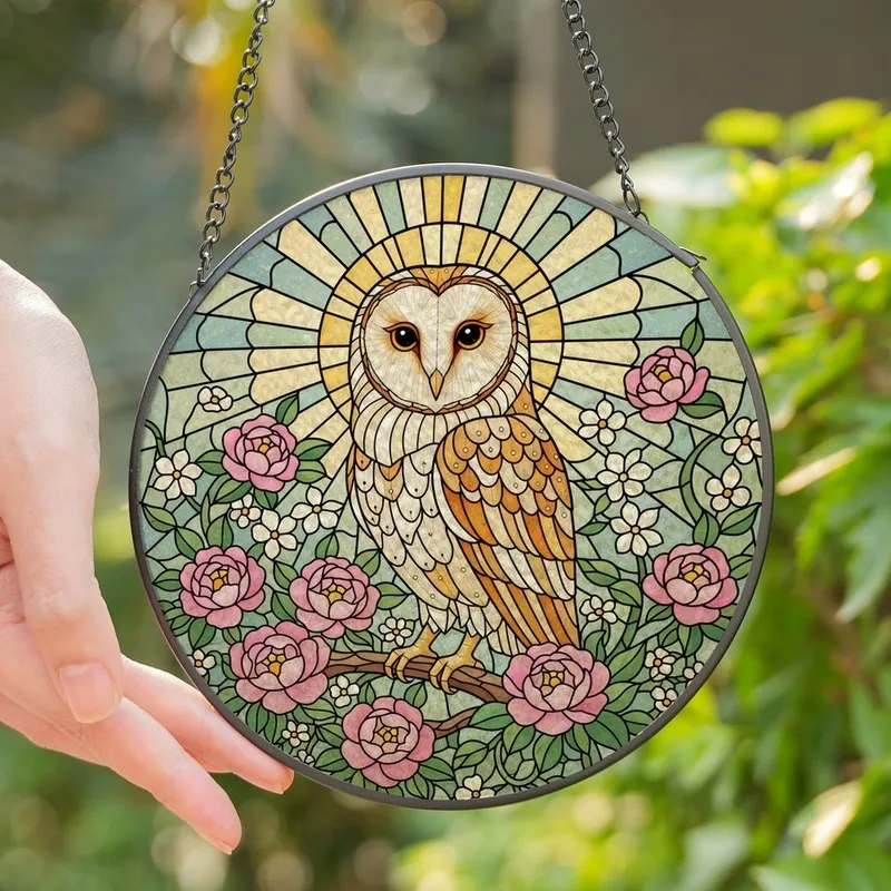 Art Enthusiasts' Tiffany Style Stained Glass Barn Owl Pink Peony Geometric Sunburst Design Stained Glass Suncatcher - 1
