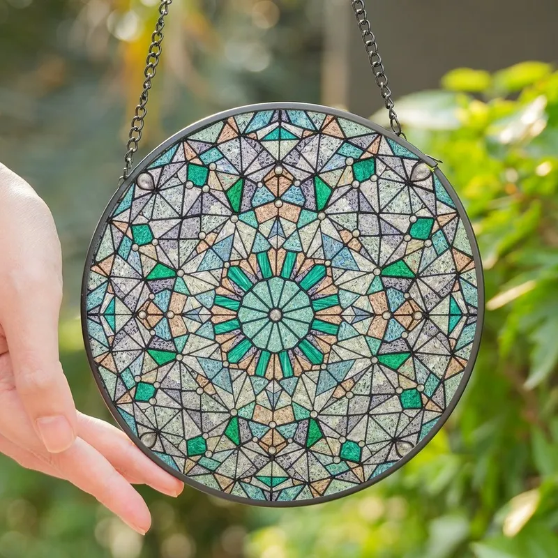 Art Lovers' Intricate Tiffany Stained Glass Starburst Teal Emerald Pink Tessellation Stained Glass Suncatcher - 1