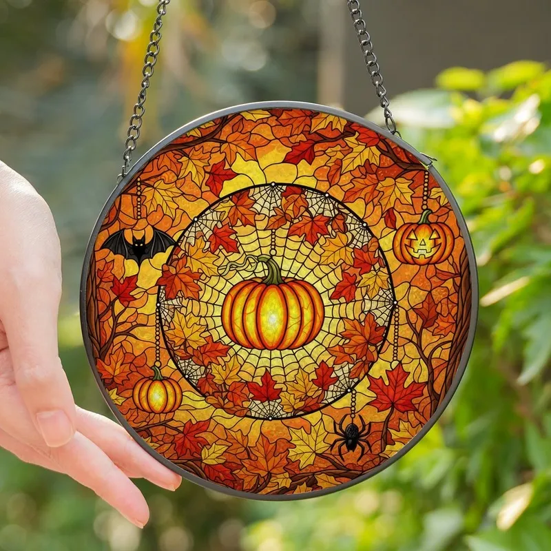 Autumn Art Lovers' Intricate Tiffany Stained Glass Halloween Wreath, Glowing Pumpkin & Fiery Autumn Mosaic Stained Glass Suncatcher - 1