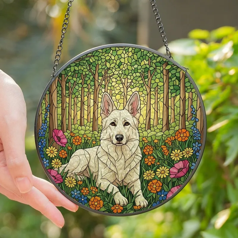 Nature Art Lovers' Tiffany Stained Glass White German Shepherd Wildflower Forest Mosaic, Vibrant Jewel Tones Stained Glass Suncatcher - GxMmxVqhZA