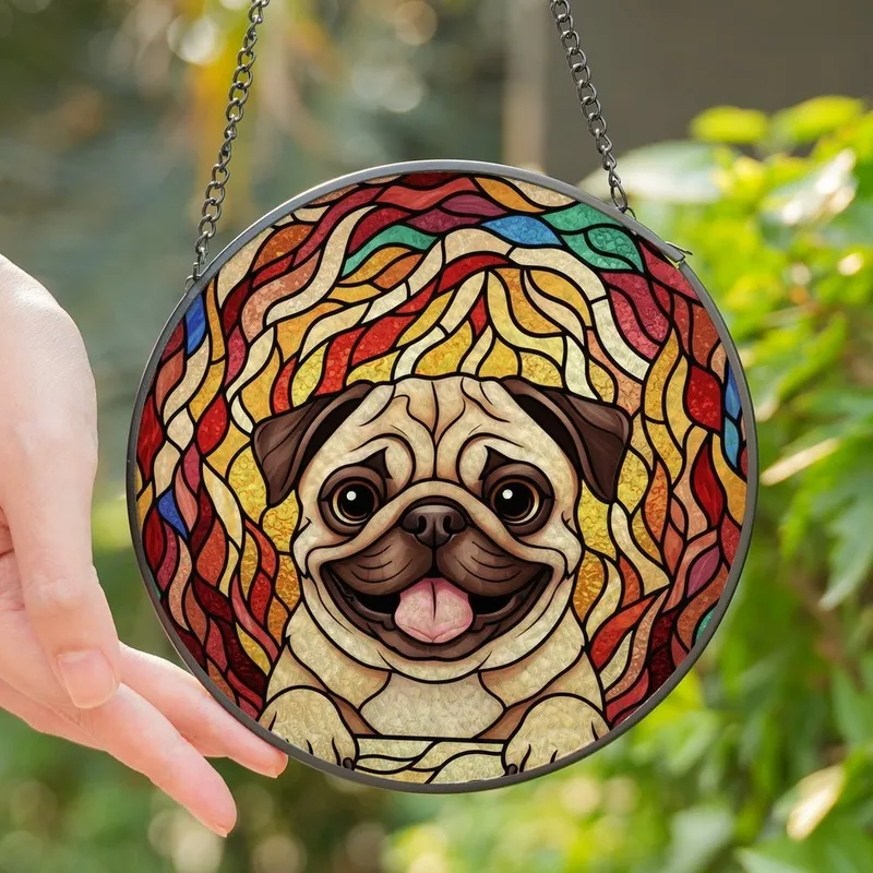 Pug Lovers' Adorable Pug Dog Tiffany Stained Glass Jewel Tone Intricate Mosaic Pattern Stained Glass Suncatcher - 1
