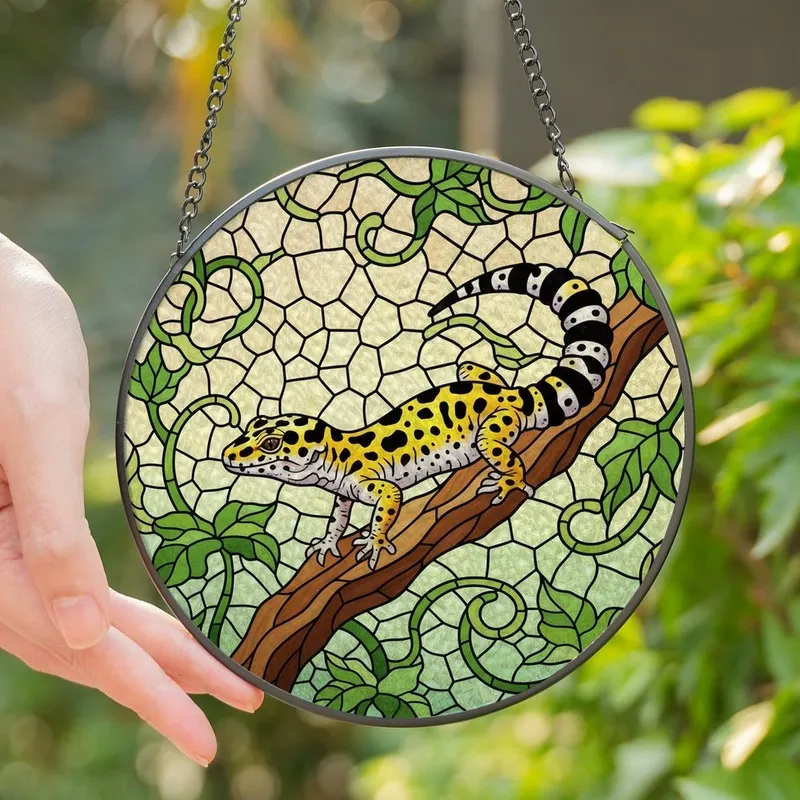 Reptile Enthusiasts' Vibrant Leopard Gecko Tiffany Stained Glass Mosaic, Yellow Black Lavender Green Pattern Stained Glass Suncatcher - 1