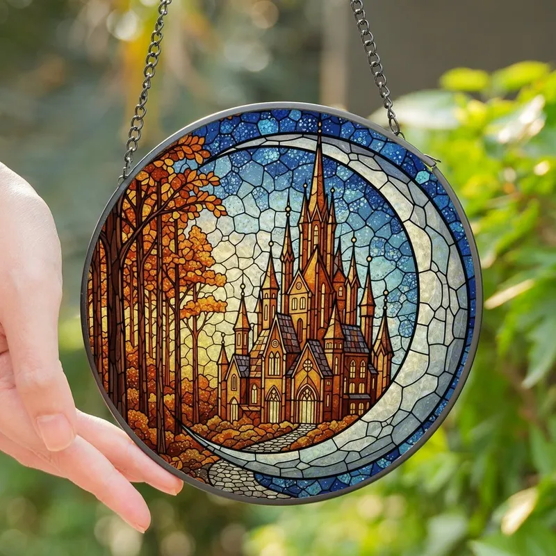 Fantasy Art Lovers' Intricate Stained Glass Gothic Castle Crescent Moon Autumn Forest Celestial Mosaic Indigo Amber Design Stained Glass Suncatcher - 1